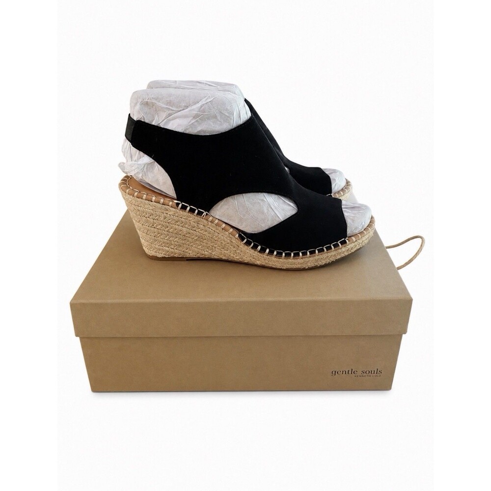 Gentle Souls Cody  by Kenneth Cole Black Suede Espadrille Wedge Sandals Size 9M